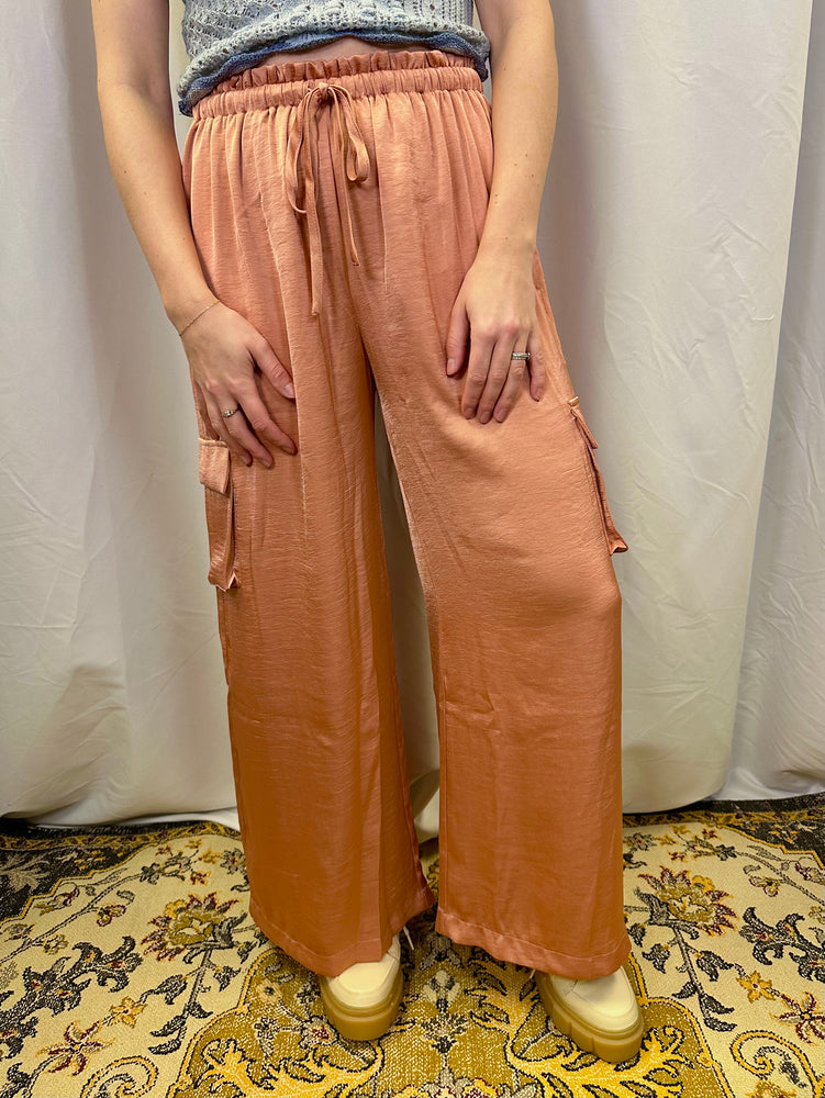 
            
                Load image into Gallery viewer, Wide Leg Satin Cargo Pant
            
        